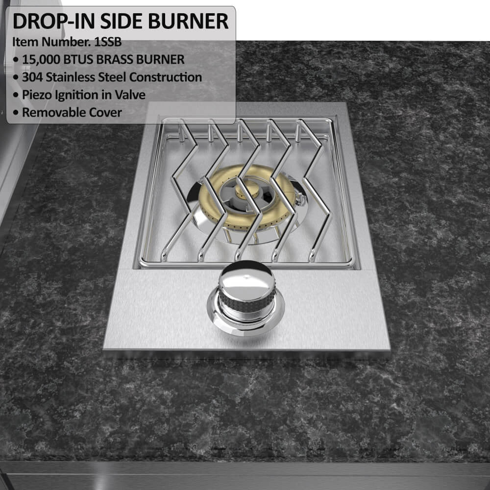 Sunstone SCPBAYOU8.6 Bayou Outdoor Kitchen Island 8'6" drop-in side burner close-up with stainless grate and control knob.