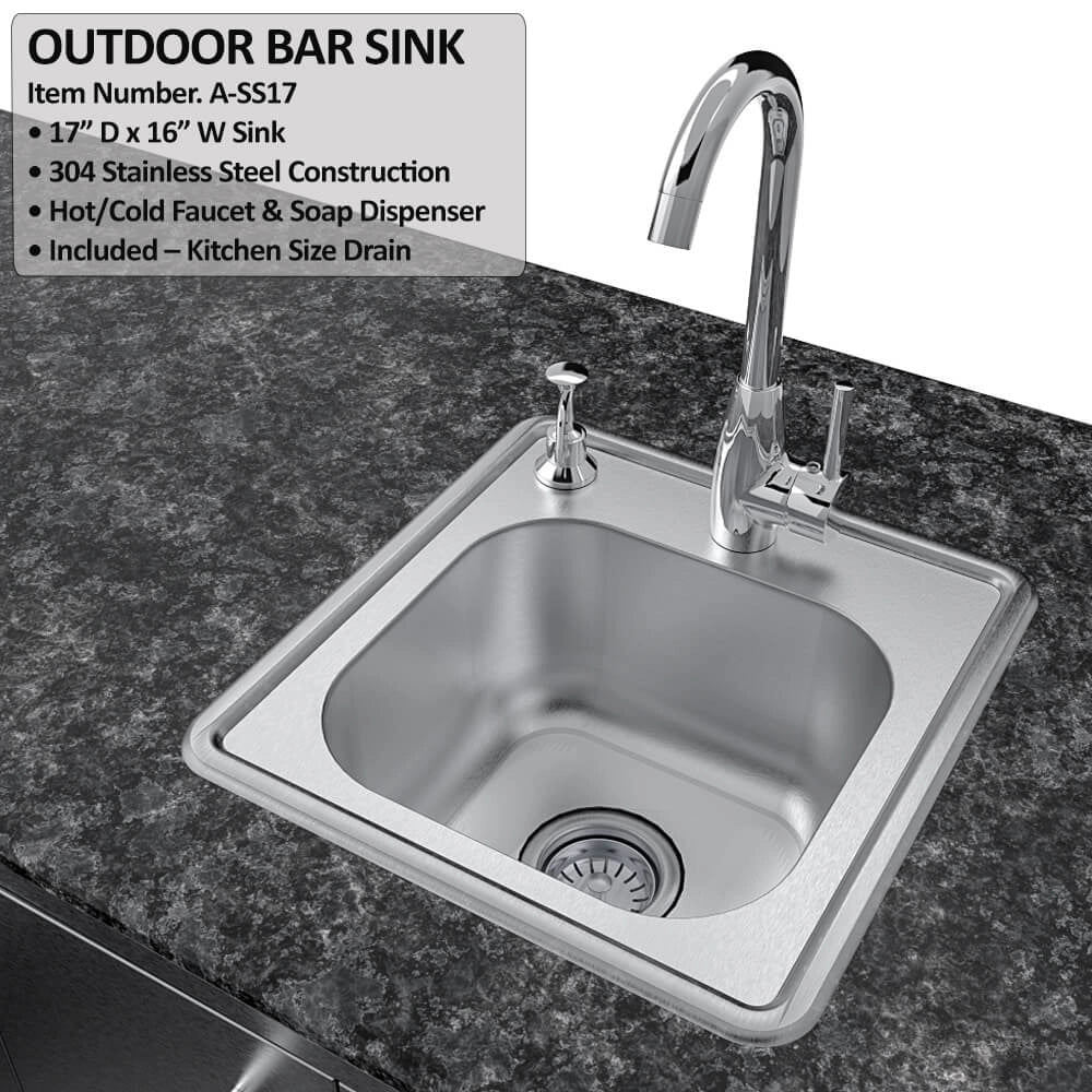 Sunstone SCPBAYOU8.6 Bayou Outdoor Kitchen Island 8'6" outdoor bar/prep sink close-up with stainless basin, faucet and soap dispenser.