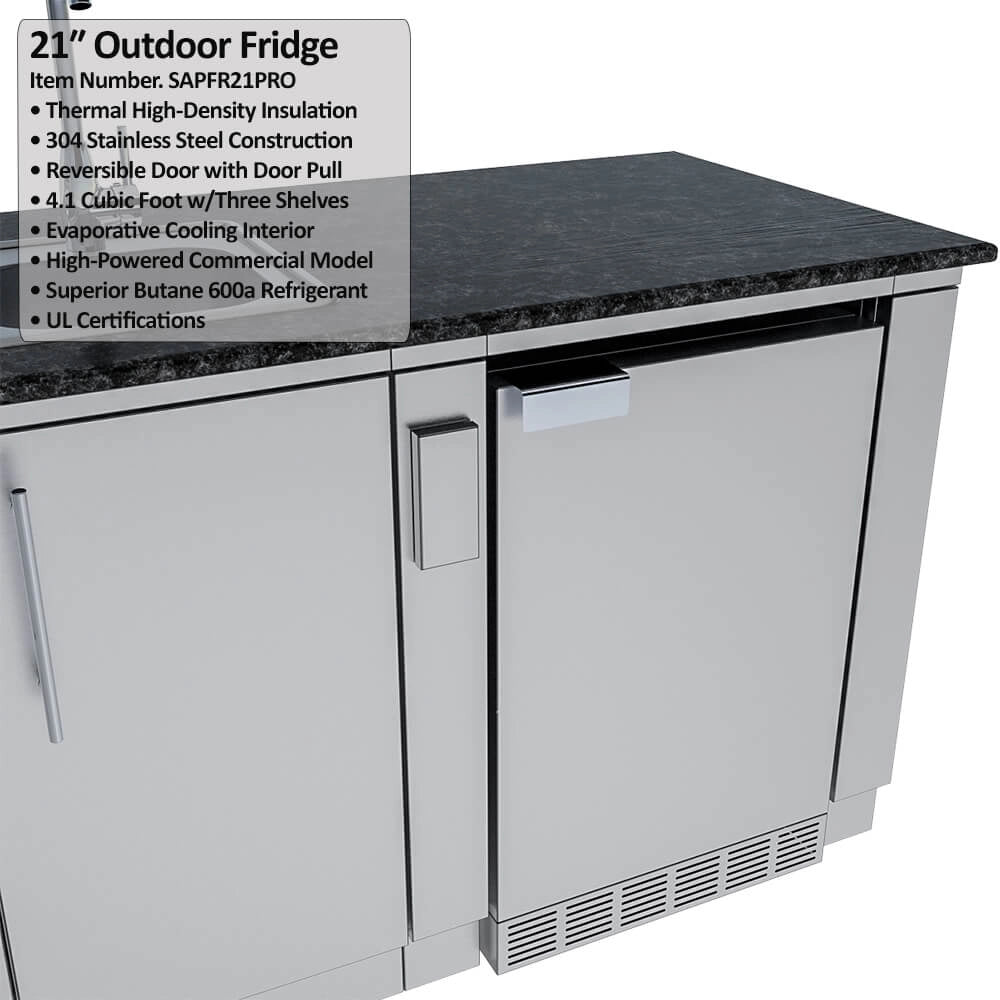 Sunstone SCPBAYOU8.6 Bayou Outdoor Kitchen Island 8'6" with built-in 21" stainless outdoor fridge under dark granite countertop.