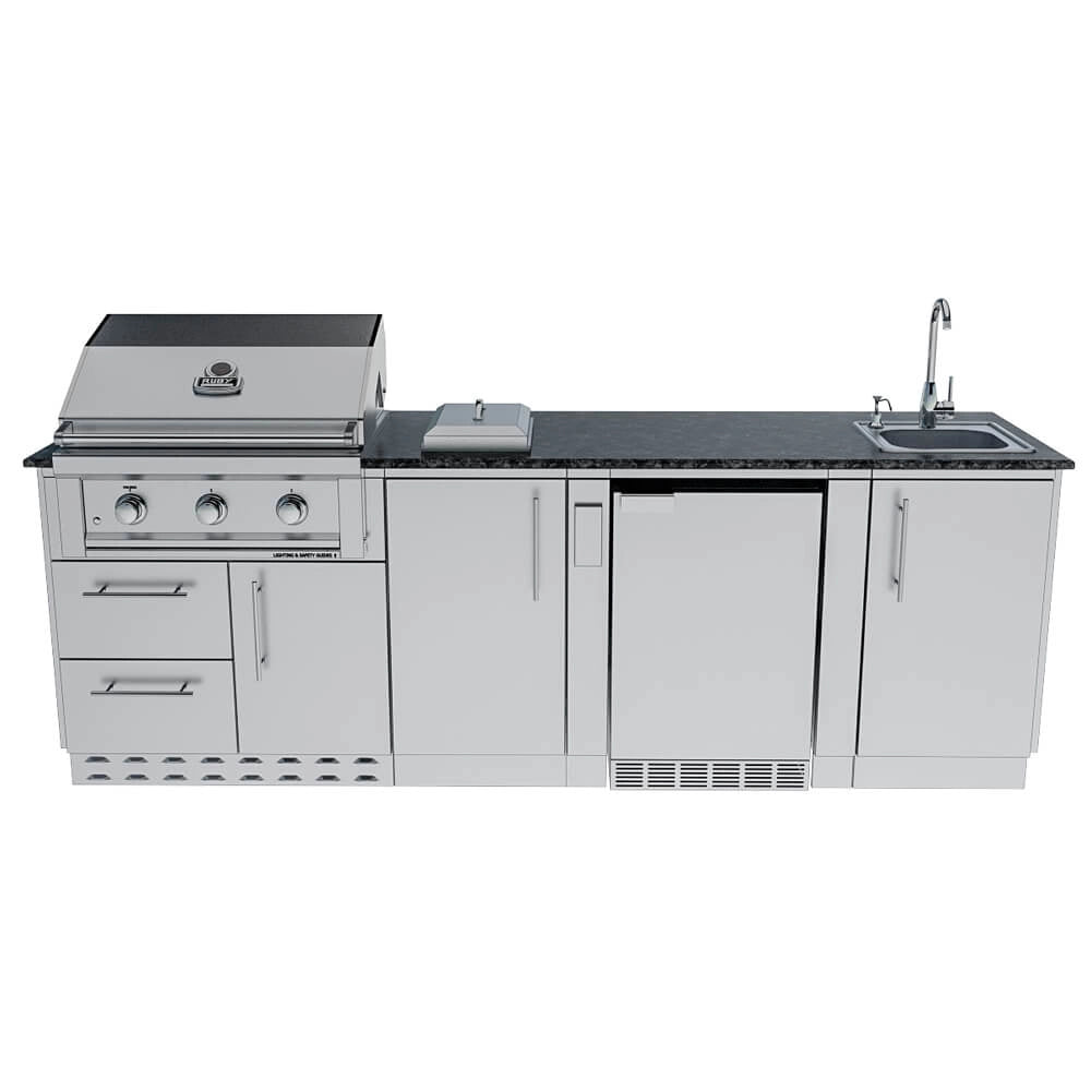 Sunstone SCPBAYOU8.6 Bayou Outdoor Kitchen Island 8'6" front view with built-in grill, prep space, 21" outdoor fridge and sink.