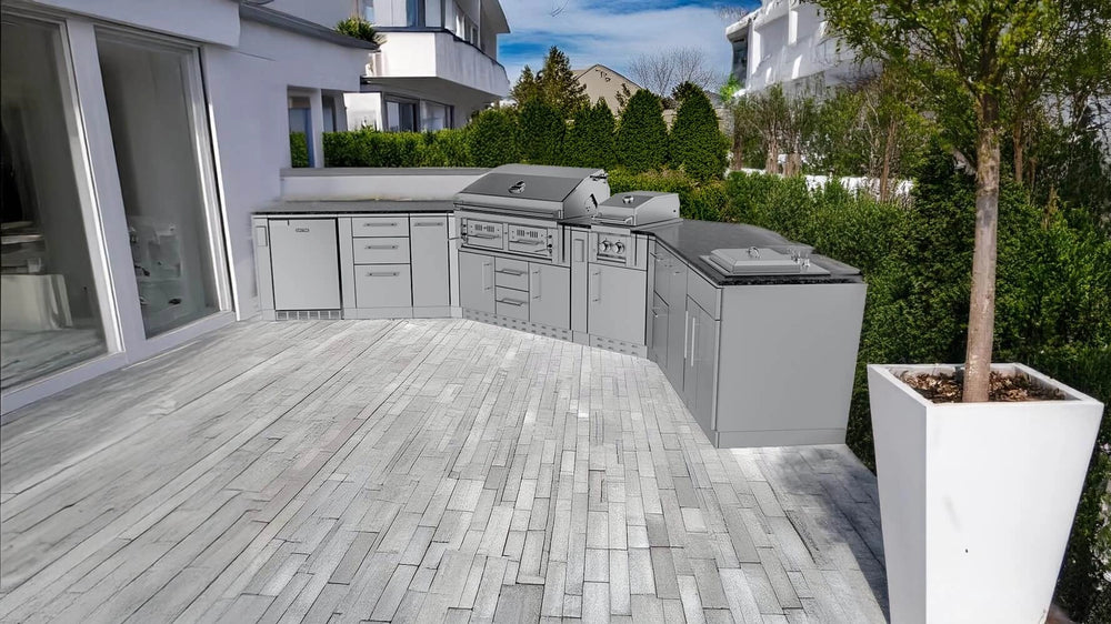 Sunstone SCPBIGTEX21 Big-Texan outdoor kitchen island installed on contemporary terrace with L-shaped counter, stainless grill, side burner, and sink.