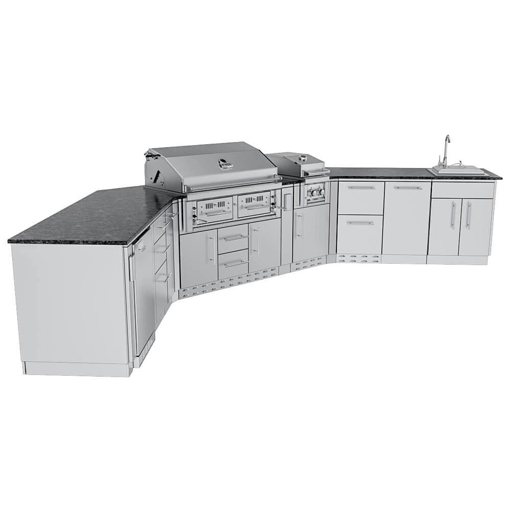 Sunstone Big-Texan outdoor kitchen island angled view highlighting sink workstation, long prep counter, and integrated grill and storage cabinets.