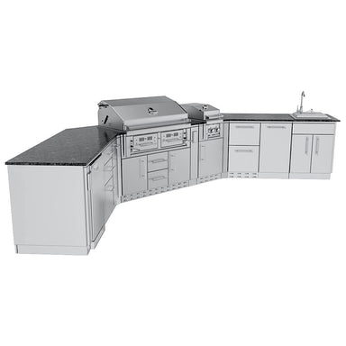 Sunstone Big-Texan outdoor kitchen island angled view highlighting sink workstation, long prep counter, and integrated grill and storage cabinets.