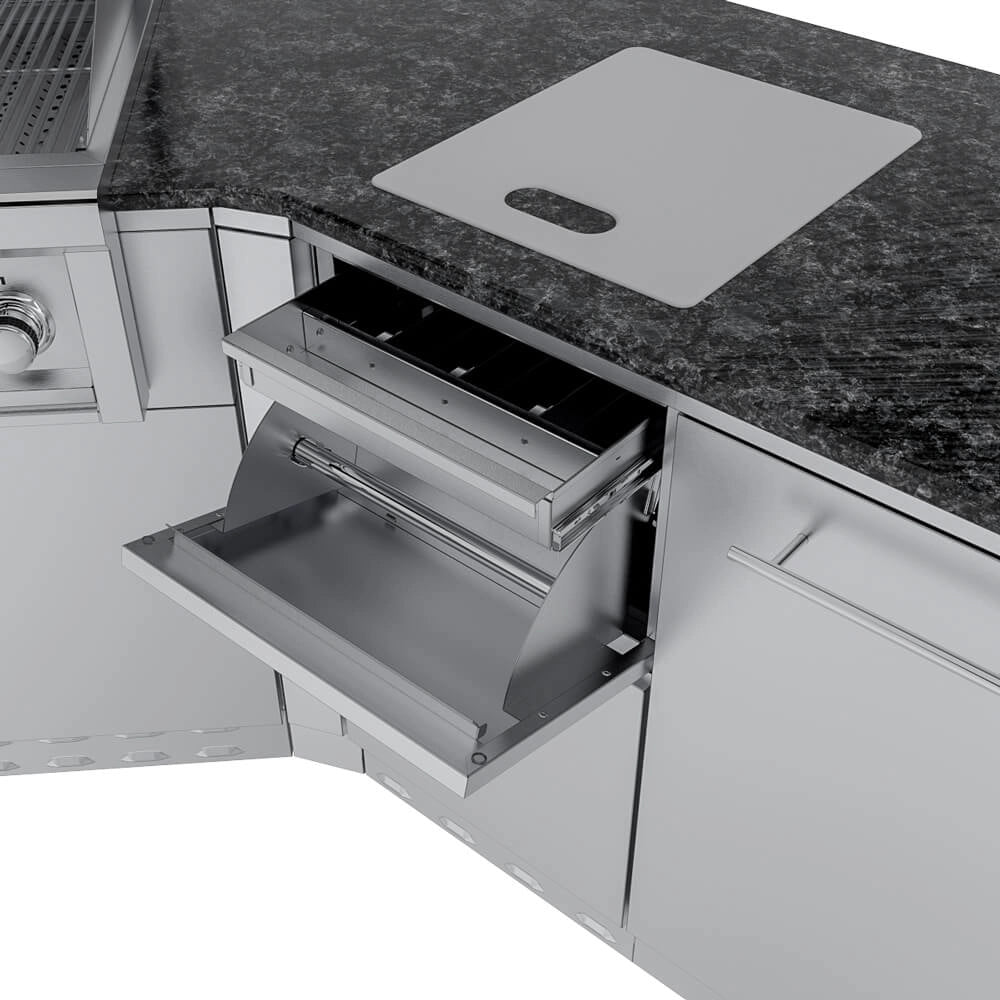 Sunstone Big-Texan pull-out trash/recycle bin cabinet with cutting board prep surface on dark stone countertop.