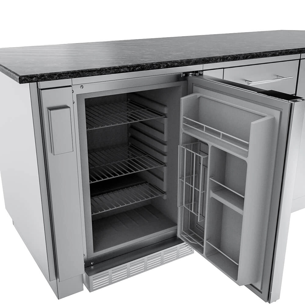 Sunstone Big-Texan 21-inch stainless outdoor refrigerator with door open, showing wire shelves and door bins.