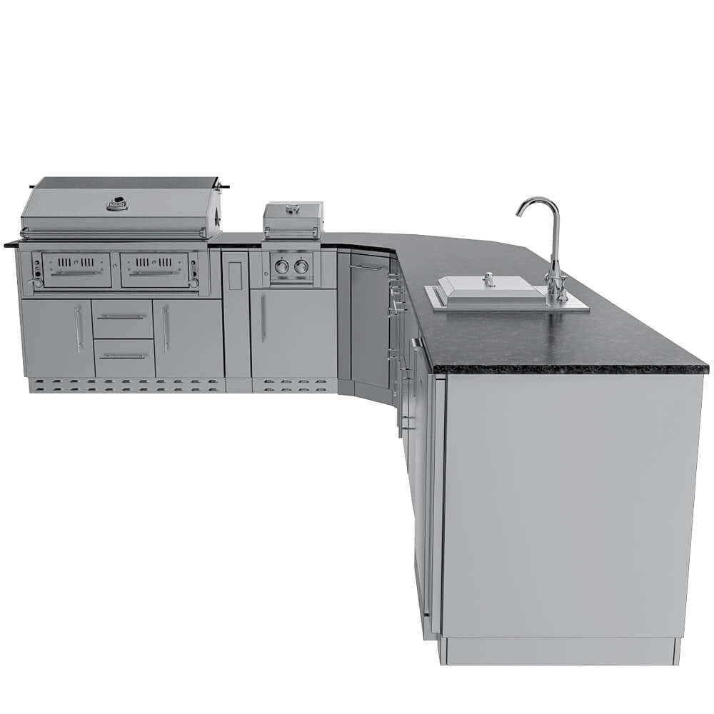 Sunstone SCPBIGTEX21 Big-Texan L-shaped outdoor kitchen island with stainless grill, side burner, large countertop workspace, and sink station.