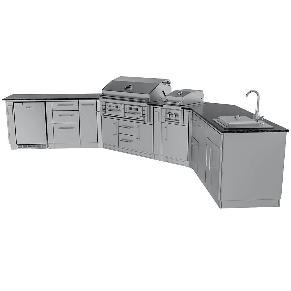 Sunstone Big-Texan L-shaped modular outdoor kitchen island product shot with stainless grill center, side burner, fridge cabinet run, and sink base.