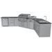 Sunstone Big-Texan L-shaped modular outdoor kitchen island product shot with stainless grill center, side burner, fridge cabinet run, and sink base.