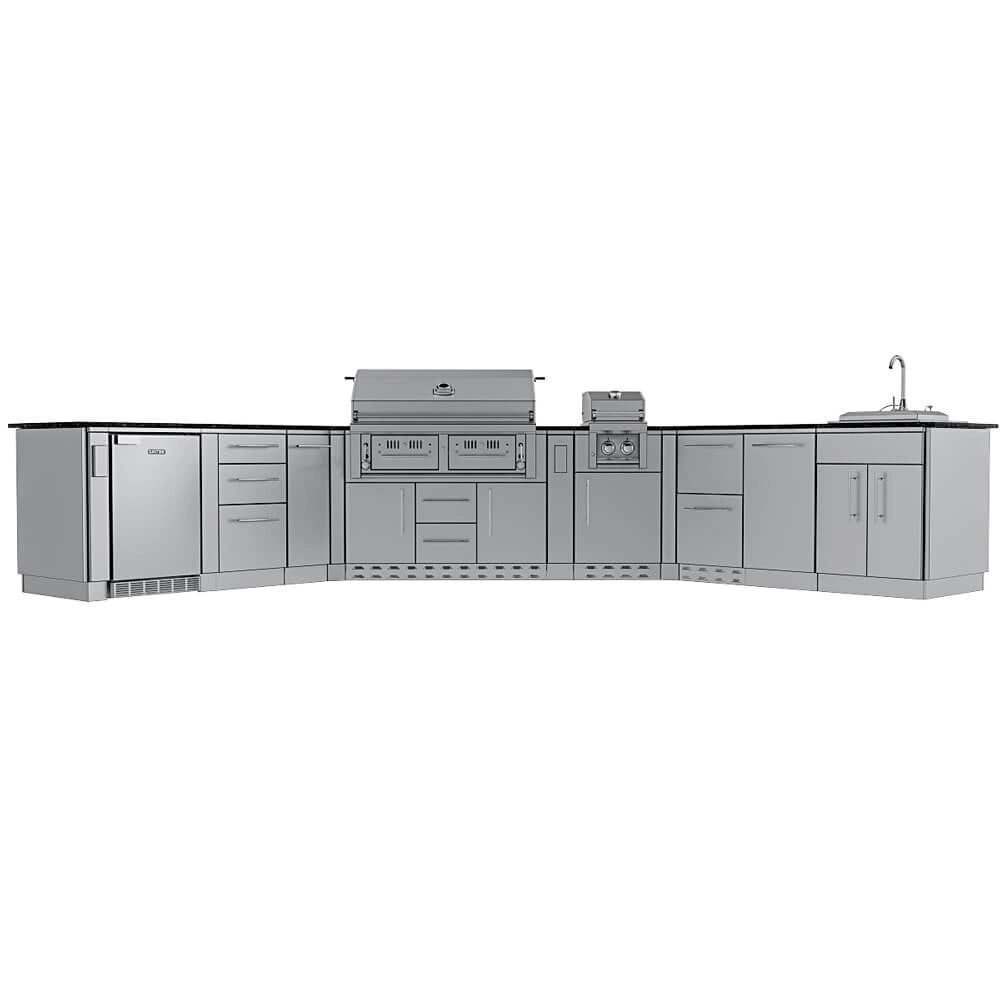 Sunstone Big-Texan 21ft outdoor kitchen island full front view with stainless grill, side burner, outdoor fridge, cabinets, and sink.