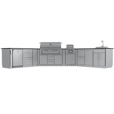 Sunstone Big-Texan 21ft outdoor kitchen island full front view with stainless grill, side burner, outdoor fridge, cabinets, and sink.