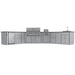 Sunstone Big-Texan 21ft outdoor kitchen island full front view with stainless grill, side burner, outdoor fridge, cabinets, and sink.