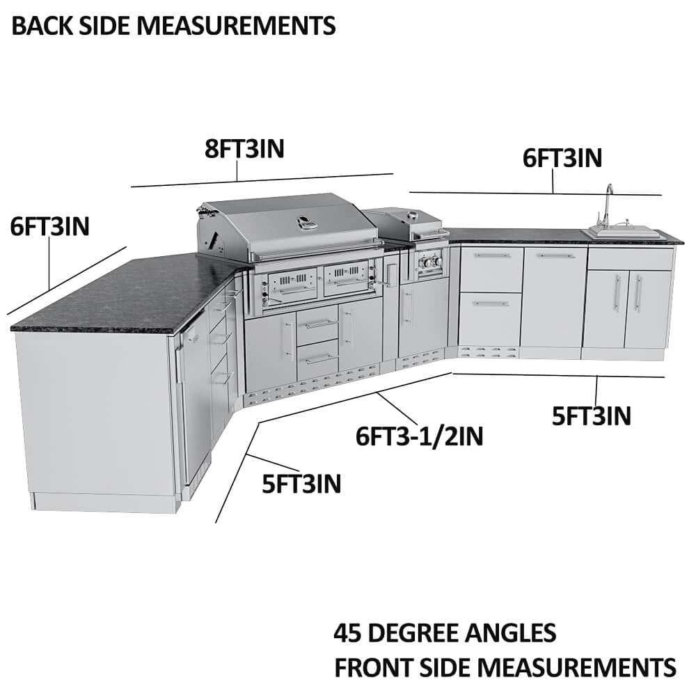Sunstone SCPBIGTEX21 Big-Texan Outdoor Kitchen Island measurement diagram showing back-side dimensions and 45-degree angle front measurements.