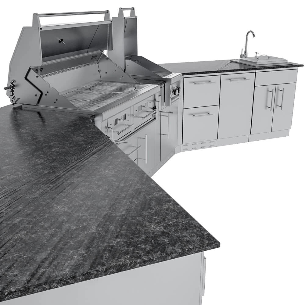 Sunstone Big-Texan 21ft L-shaped outdoor kitchen island with large wraparound countertop, built-in stainless grill, side burner, storage drawers, and sink station.