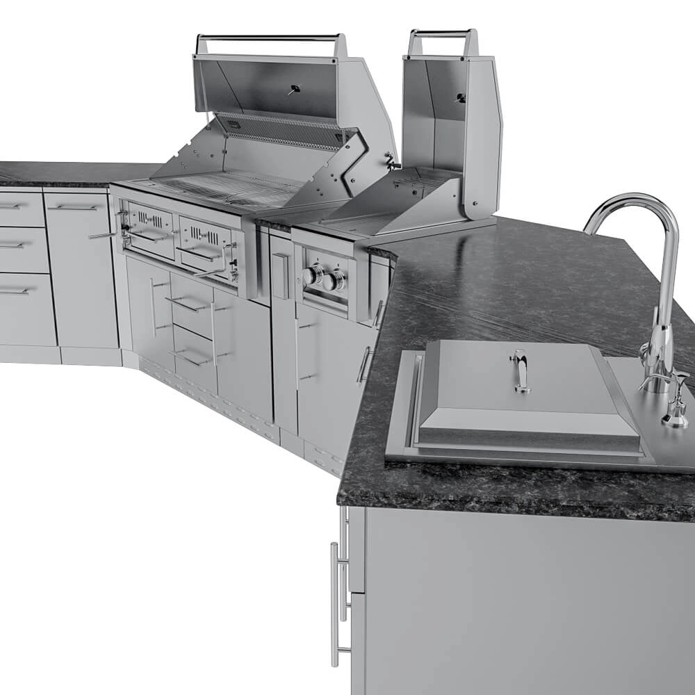 Sunstone SCPBIGTEX21 Big-Texan Outdoor Kitchen Island corner view with dual stainless grills, side burner, and premium sink on dark stone countertop.
