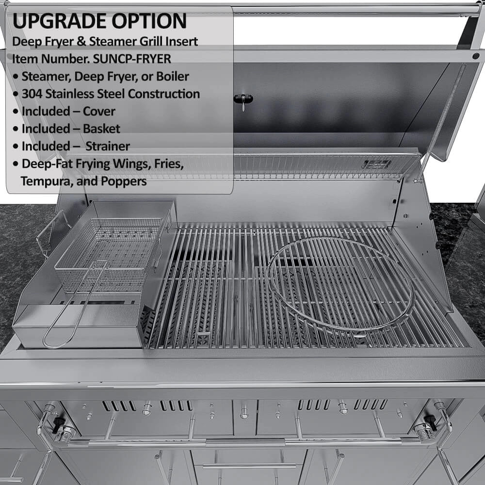 Sunstone Big-Texan grill interior with deep fryer & steamer insert upgrade, including basket and stainless cooking grates.
