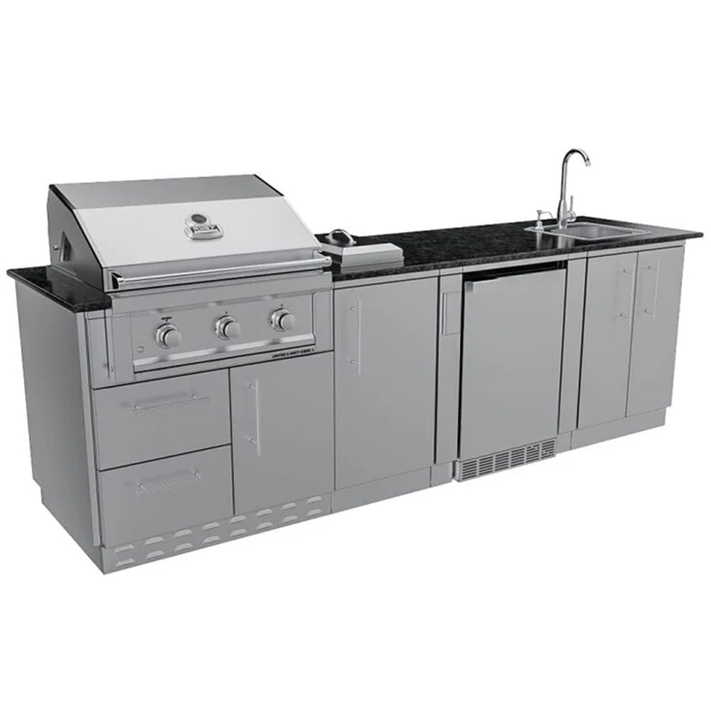 Three-quarter perspective of the Sunstone Brazos 9ft outdoor kitchen island showing the black granite countertop and 304-grade stainless steel cabinetry.