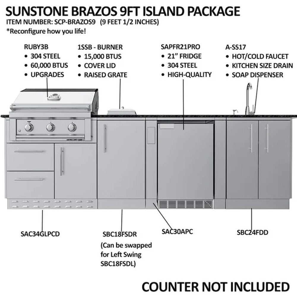 Technical diagram of the Sunstone SCP-BRAZOS9 outdoor kitchen island package labeling the Ruby 3B grill, side burner, fridge, and sink components.