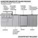 Technical diagram of the Sunstone SCP-BRAZOS9 outdoor kitchen island package labeling the Ruby 3B grill, side burner, fridge, and sink components.