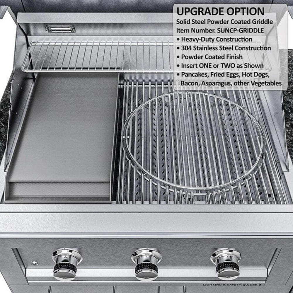 Sunstone Brazos grill upgrade option showing a heavy-duty solid steel powder-coated griddle insert placed over the left burner for cooking breakfast or vegetables.