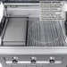 Sunstone Brazos grill upgrade option showing a heavy-duty solid steel powder-coated griddle insert placed over the left burner for cooking breakfast or vegetables.