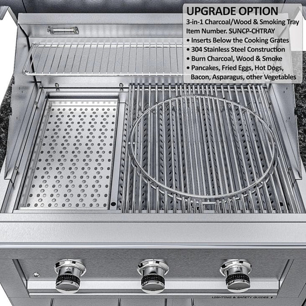 Top-down view of the 3-in-1 charcoal, wood, and smoking tray insert for the Sunstone Brazos grill, allowing for multi-fuel outdoor cooking.