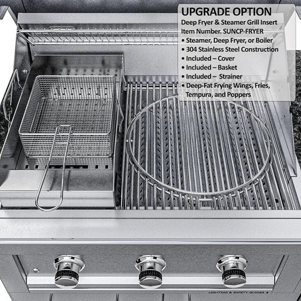 Sunstone deep fryer and steamer grill insert accessory with a stainless steel basket and cover, shown installed in the Brazos outdoor kitchen island.