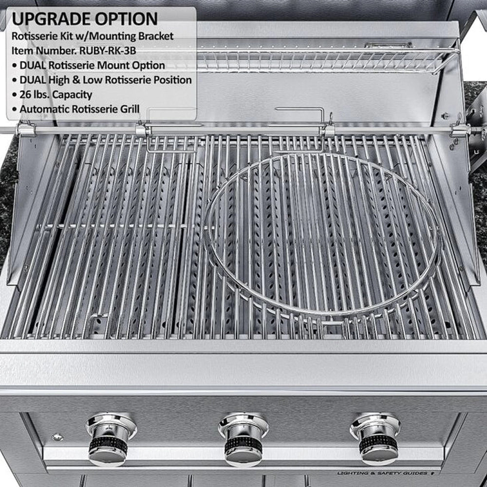 Automatic rotisserie grill kit in a high-position mount on the Sunstone Brazos island, perfect for large-scale outdoor roasting.