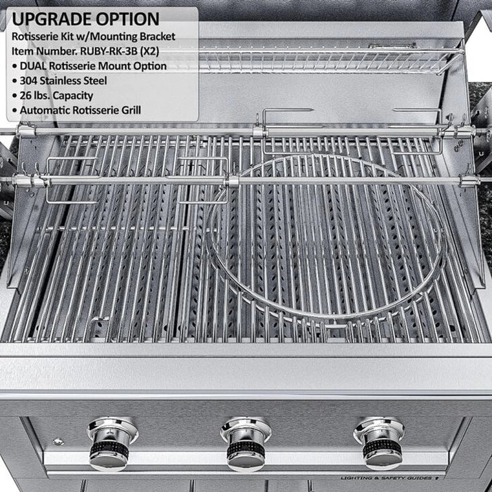 Dual rotisserie kit mounting bracket upgrade on a Sunstone Ruby grill, demonstrating a 26 lb capacity for simultaneous roasting on two spits.