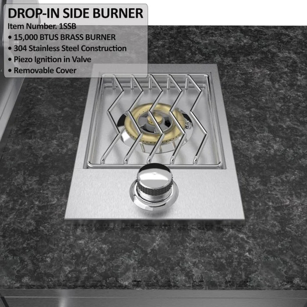Close-up of the Sunstone 1SSB drop-in side burner featuring a 15,000 BTU brass burner, 304 stainless steel construction, and piezo ignition.