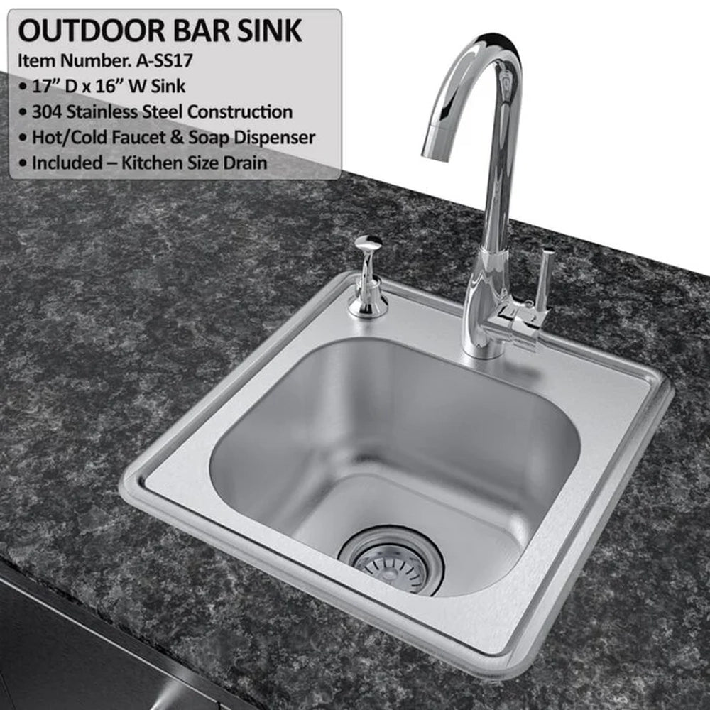 Close-up of Sunstone A-SS17 17-inch outdoor bar sink with hot and cold faucet, soap dispenser, and kitchen-sized drain in a stainless steel outdoor kitchen.