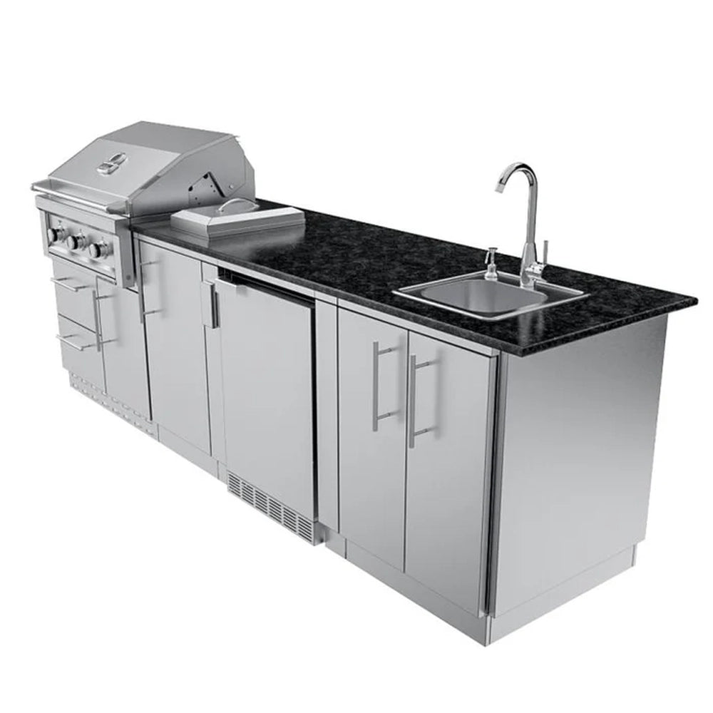 High-angle side view of the Sunstone SCPBRAZOS9 outdoor island highlighting the integrated sink with a high-arch hot and cold faucet.