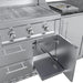 Under-grill storage detail showing a pull-out stainless steel tray for easy access to propane tanks or large grilling accessories.