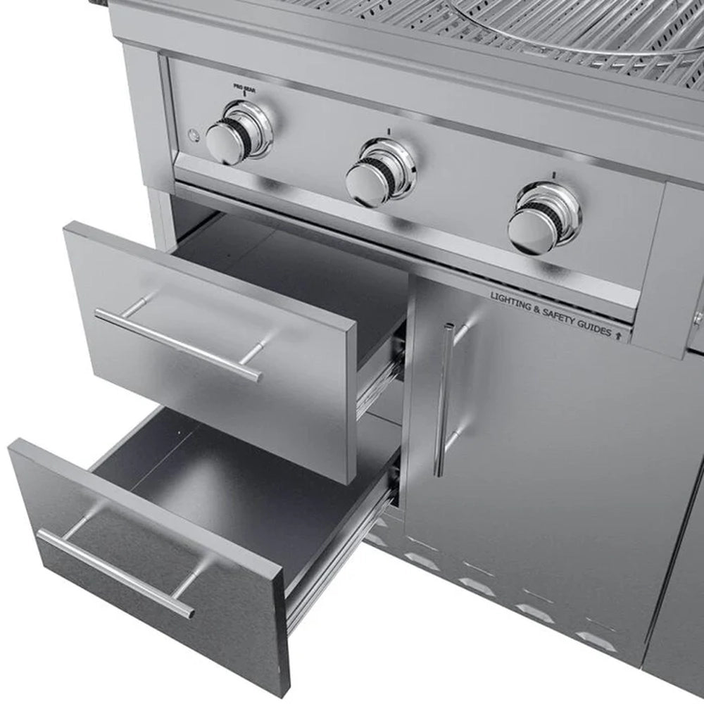 Double drawer and single door storage combo unit located beneath the outdoor grill in a Sunstone Brazos series kitchen island.