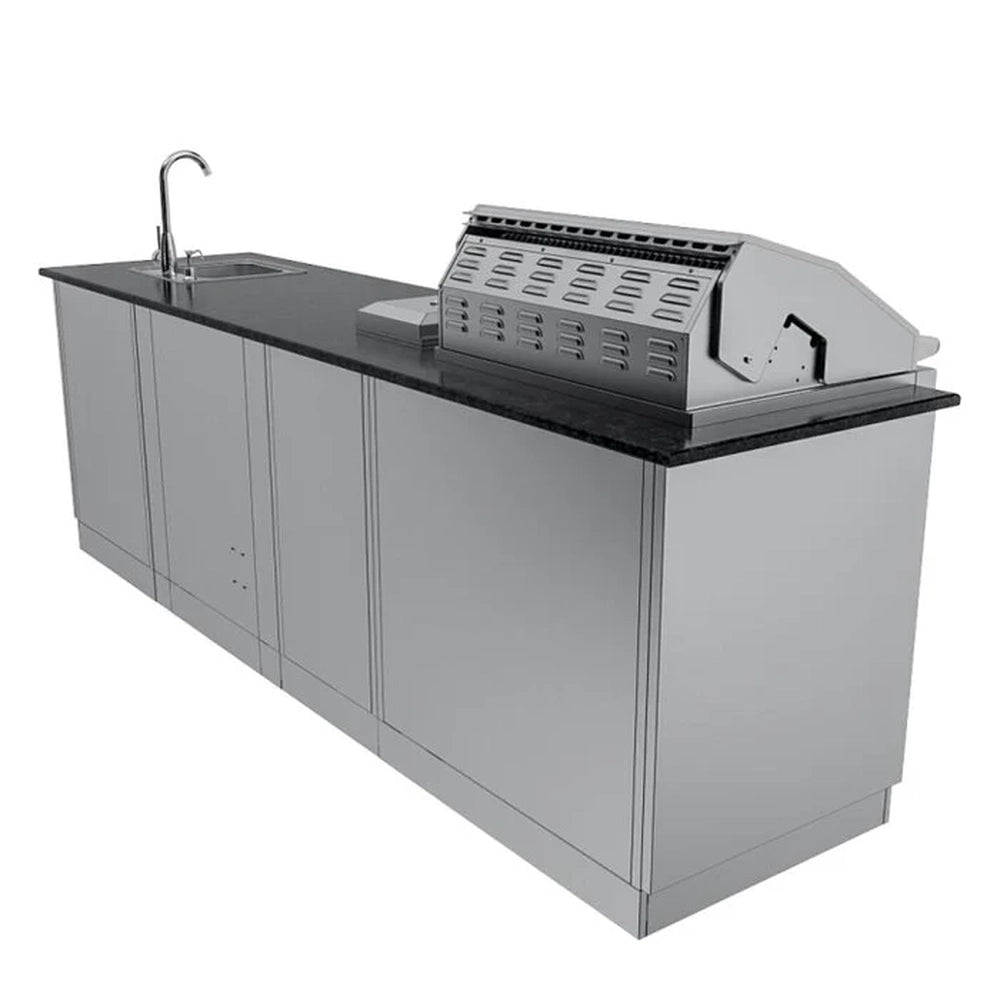 Rear view of the Sunstone Brazos outdoor kitchen island showcasing the vented grill back and seamless stainless steel rear paneling.