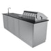 Rear view of the Sunstone Brazos outdoor kitchen island showcasing the vented grill back and seamless stainless steel rear paneling.