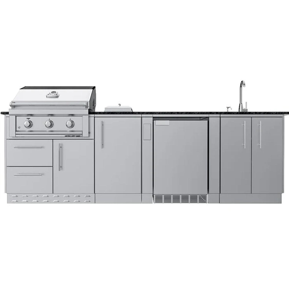 Direct front-facing product shot of the Sunstone Brazos 9-foot modular outdoor kitchen island with a built-in refrigerator and storage drawers.