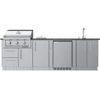 Direct front-facing product shot of the Sunstone Brazos 9-foot modular outdoor kitchen island with a built-in refrigerator and storage drawers.