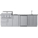 Direct front-facing product shot of the Sunstone Brazos 9-foot modular outdoor kitchen island with a built-in refrigerator and storage drawers.