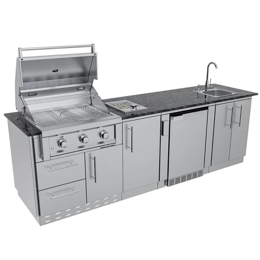 Detailed 3/4 render of the Sunstone Brazos outdoor kitchen with the grill lid open to reveal the professional-grade stainless steel cooking grates.