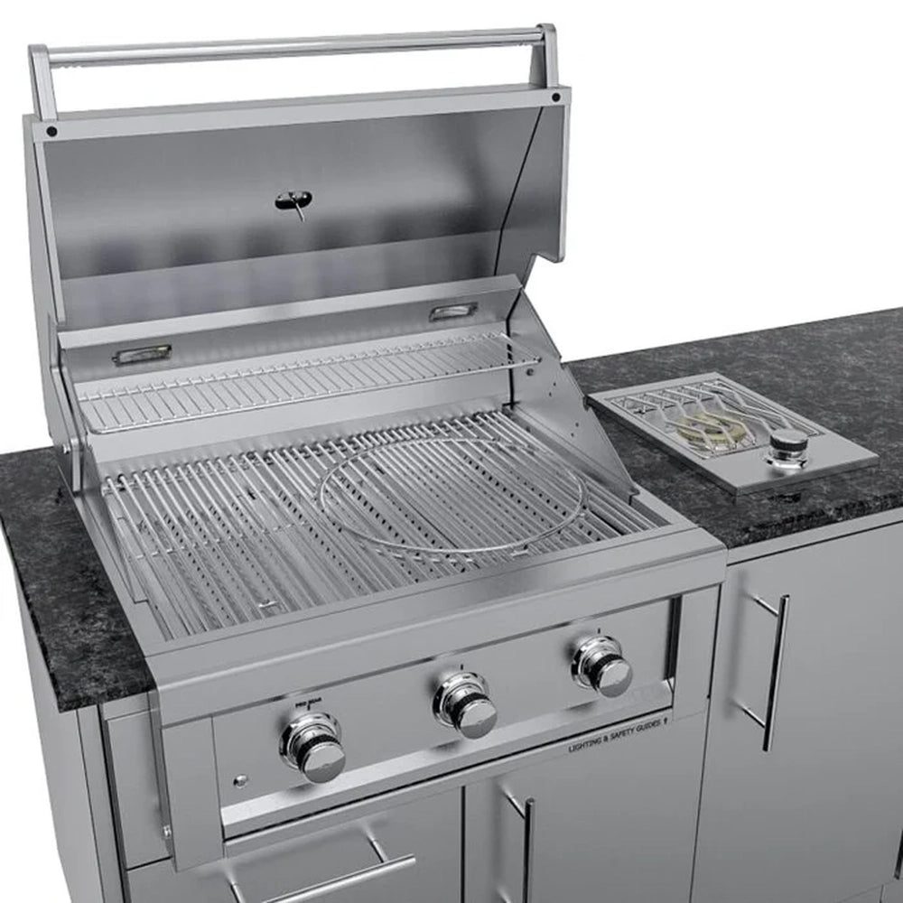 High-angle view of a Sunstone Brazos 9 ft. outdoor kitchen island featuring a Ruby 3-Burner built-in gas grill with the hood open, stainless steel cabinetry, and a black granite countertop.
