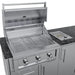 High-angle view of a Sunstone Brazos 9 ft. outdoor kitchen island featuring a Ruby 3-Burner built-in gas grill with the hood open, stainless steel cabinetry, and a black granite countertop.