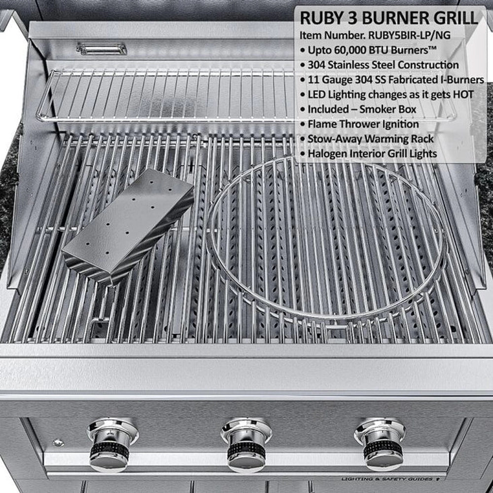 Close-up of the Ruby 3-Burner Grill interior highlighting the smoker box accessory, halogen interior lights, and 11-gauge stainless steel fabricated I-burners.