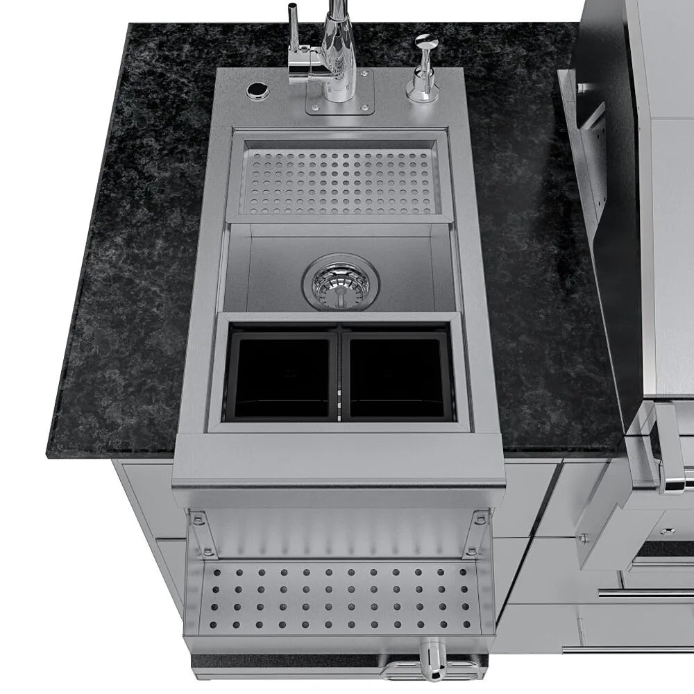 Detailed view of the Sunstone Caprice outdoor kitchen sink with the cover removed, showing the stainless steel basin, drain strainer, and dual condiment or ice bins.