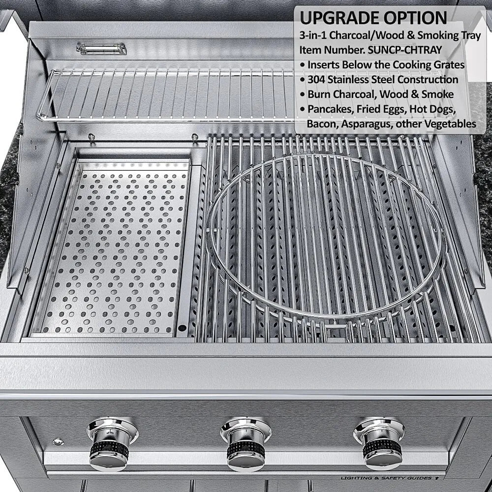 Sunstone Caprice grill interior featuring the 3-in-1 charcoal, wood, and smoking tray (SUNCP-CHTRAY) insert placed below the cooking grates for hybrid fuel cooking.