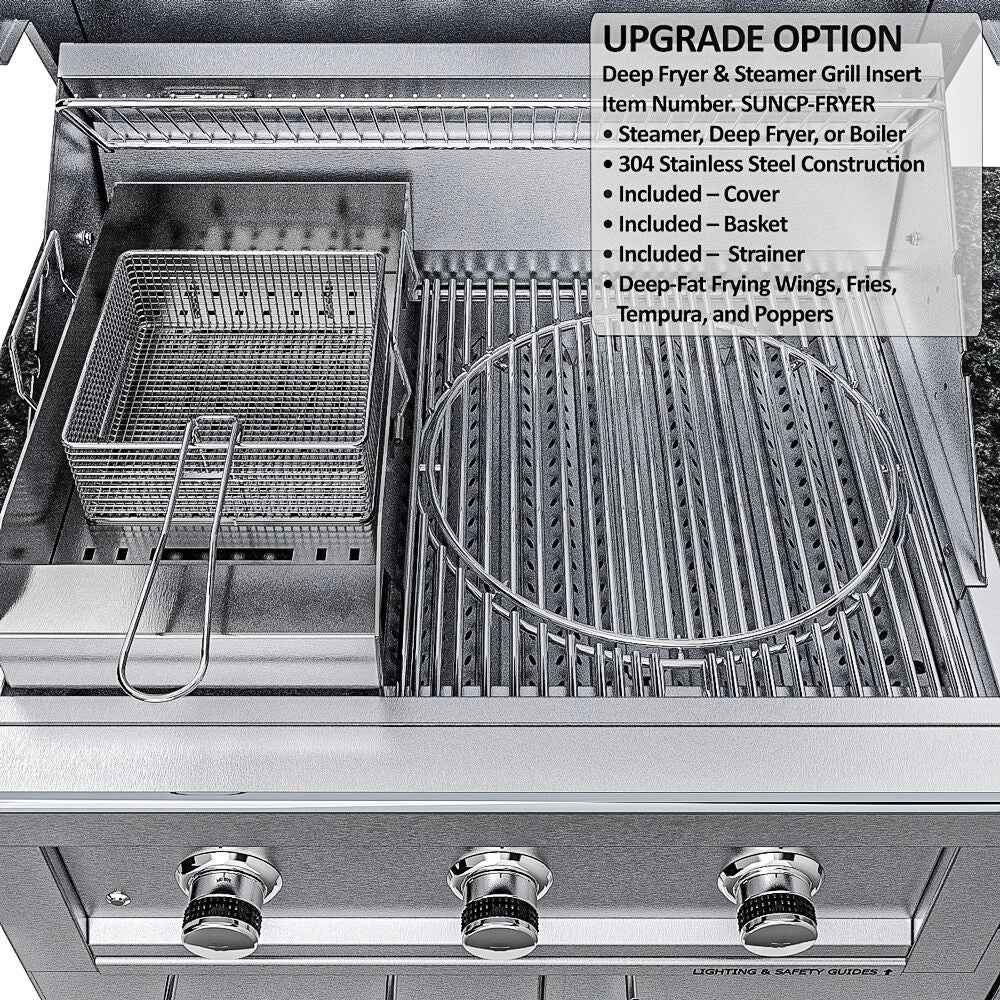 Sunstone Caprice grill setup with the stainless steel deep fryer and steamer grill insert (SUNCP-FRYER) including a fryer basket for outdoor frying and boiling.