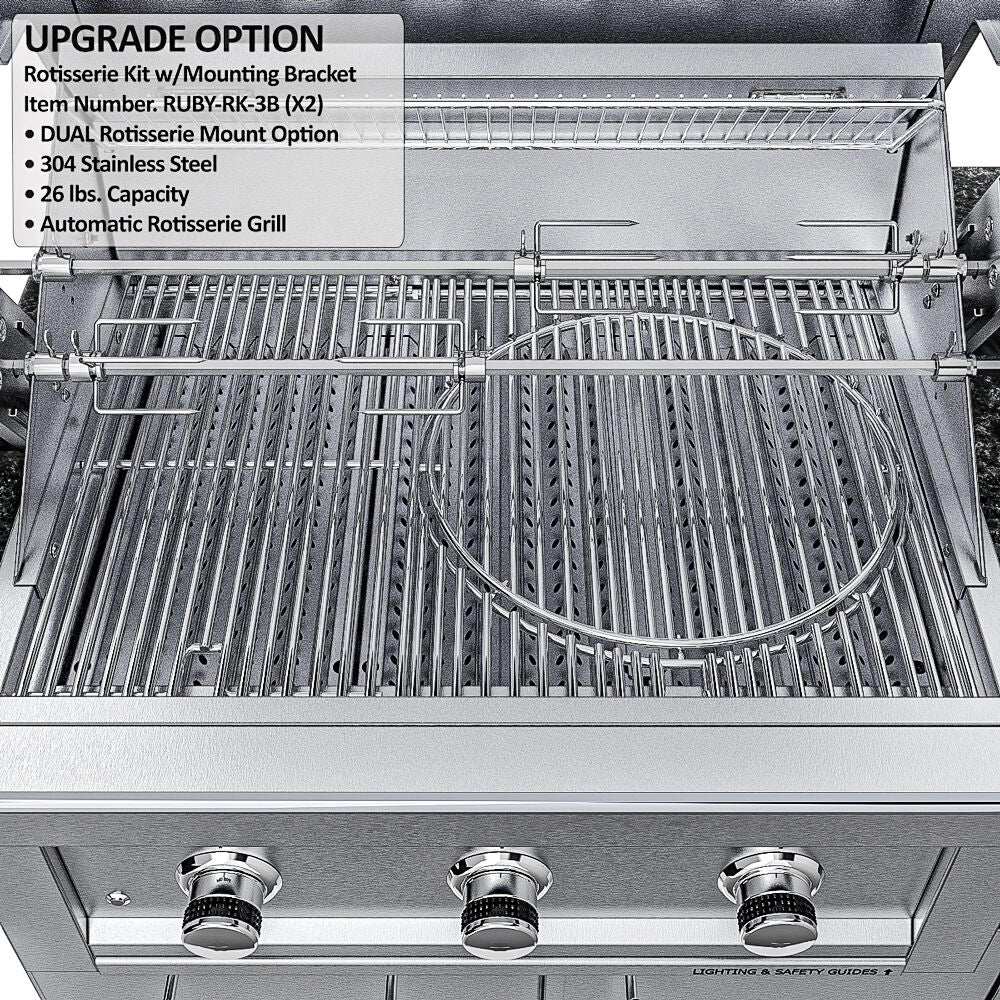 Close-up of the Sunstone Caprice grill with the dual rotisserie kit upgrade (RUBY-RK-3B X2) installed, demonstrating high and low roasting positions simultaneously.