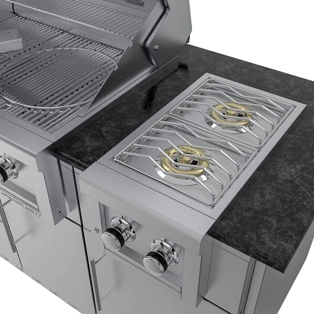 Top-down view of the Sunstone Caprice island's built-in dual gas side burner with heavy-duty grates integrated into the dark granite countertop.