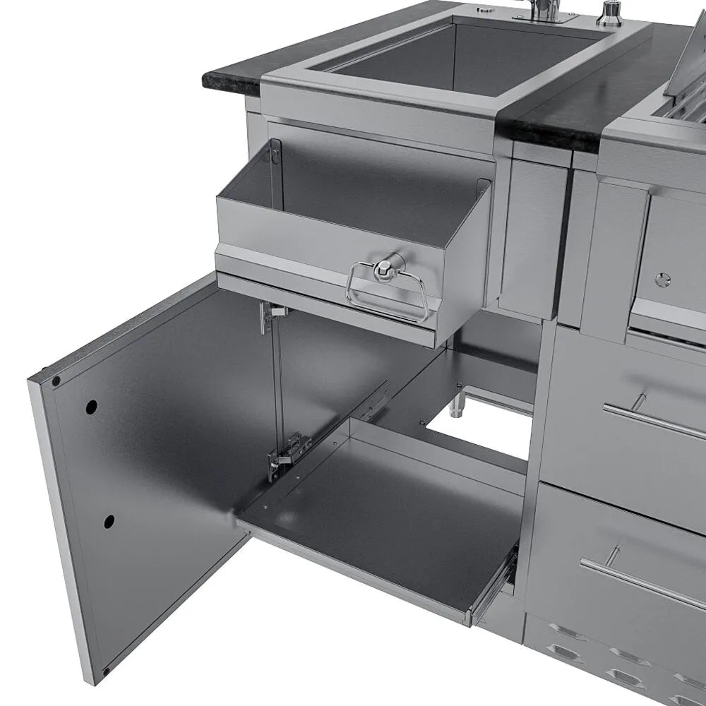 Angled view of the Sunstone Caprice sink cabinet showing a pull-out tilt-out tray for cleaning supplies and a lower sliding shelf for utility access.