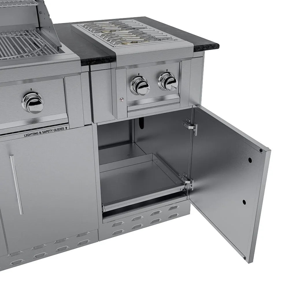 View of the Sunstone Caprice side burner cabinet with a door open to reveal a sliding internal tray and pre-cut ports for gas line connections.