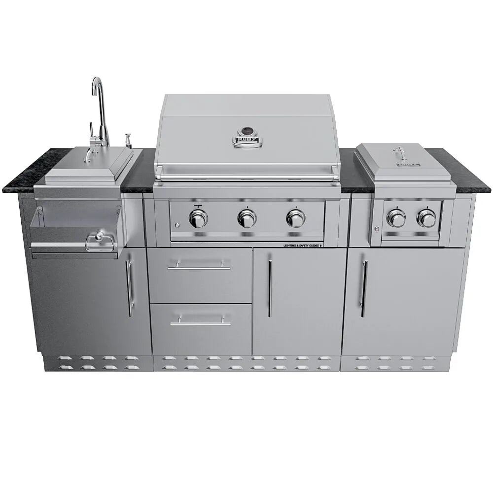 Straight-on view of the Sunstone Caprice 6.4ft modular grill island with all component lids closed and sleek metal finishes.